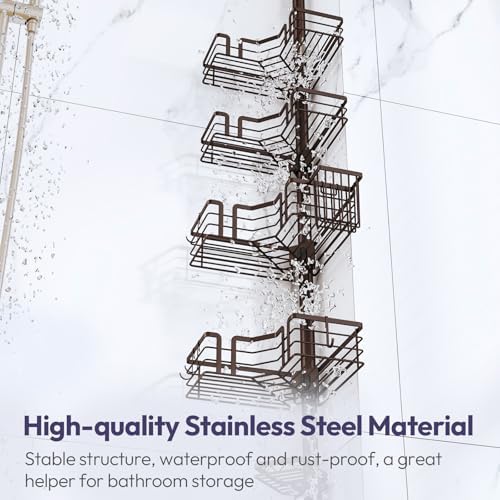 SWTYMIKI Shower Caddy Tension Pole - 4-Tier Corner Shower Organizer Tension Rod with Soap Holder, Toothbrush Holder & 4 Hooks, Adjustable Stainless Steel Bathroom Organizer 27.6 to 108.3 inch, Bronze