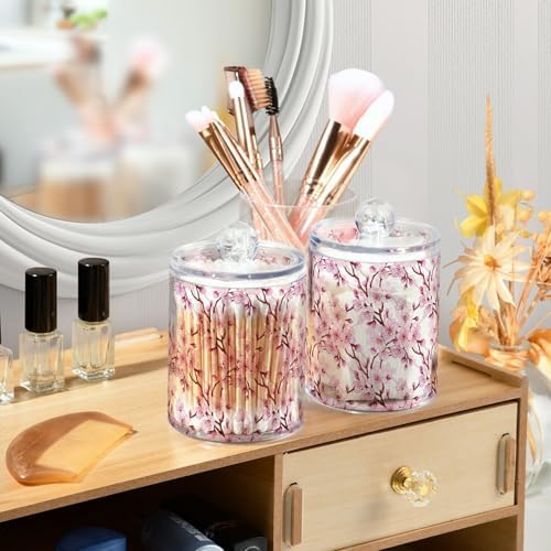 MNSRUU 4 Pack Qtip Holder Organizer Dispenser Pink Cherry Tree Bathroom Containers Bathroom Vanity Storage Canister Apothecary Jars for Cotton Swabs/Pads/Floss
