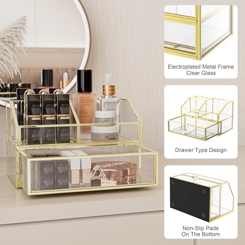 FSyueyun Glass Makeup Organizer with Drawer for Vanity, Clear and Gold