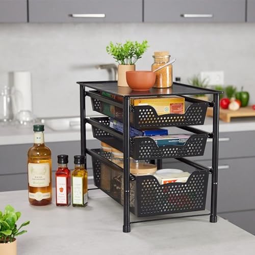 Relaxdays Drawer Shelf, Stackable Office Organiser, 3 Pull-Out Baskets, Metal, Kitchen, Bathroom, HBT: 35 x 28 x 42.5 cm, Black