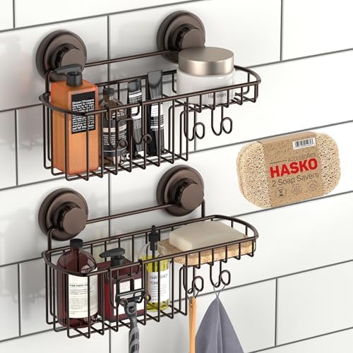 HASKO 2 Pack Shower Caddy Suction Cup with Hooks & Soap holder, Includes 2 Soap Savers, Shower Shelf, Bathroom Storage Organizer, Rustproof Shampoo Holder, Bronze
