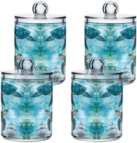 MNSRUU 2 Pack Qtip Holder Organizer Dispenser Turtle Starfish Map Sailing Bathroom Storage Canister Cotton Ball Holder Bathroom Containers for Cotton Swabs/Pads/Floss