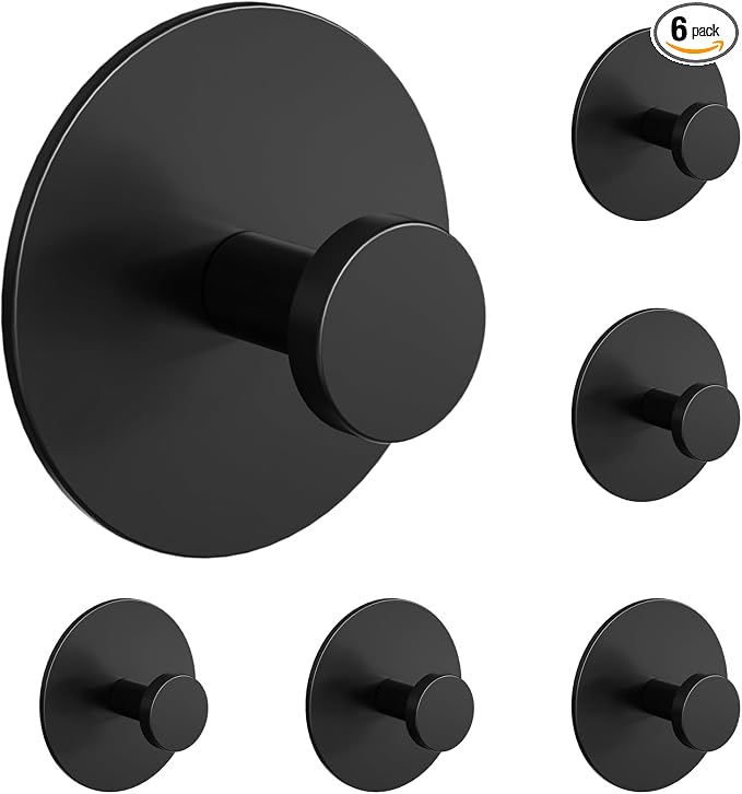 Wall Adhesive Hooks for Towel/Shower - No Damage Stick on Hanging Hook Heavy Duty for Bathroom, Door, Coat, Black 6 Pack