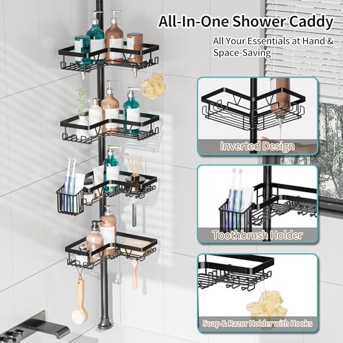 KEGII Corner Shower Caddy Tension Pole with Toothbrush Holder