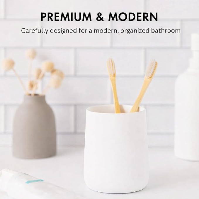 Yew Design Matte White Toothbrush and Toothpaste Holder and Cup for Bathroom Vanity and Countertop, Round Organizer for Electric Toothbrushes, Floss, Razors, Cotton, and Mouthwash
