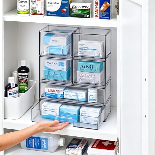 TIPGO Clear Stackable Storage Drawers, Acrylic Bathroom Makeup Organizer, Plastic Bins for Art Tool & Sketch, Sturdy and Durable Containers for Countertop, Cabinet, Vanity, Pantry Organization