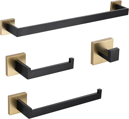 TURS 4-Piece Bathroom Hardware Set Black and Brushed Gold Towel Bar Holder Set Stainless Steel Bathroom Accessory Set Wall Mounted