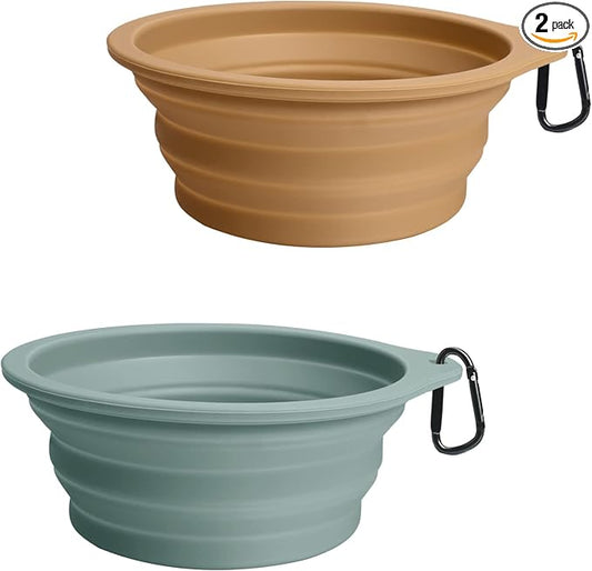 PetBonus 2-Pack Silicone Collapsible Dog Bowls, BPA Free Dishwasher Safe, Portable Foldable Expandable Travel Bowl, Food Water Feeding Cup Dish for Dogs Cats with 2 Carabiners (Turquoise, Tan) | 20 Oz, Silicone, Foldable Expandable Cat Feeding Cup Dish...