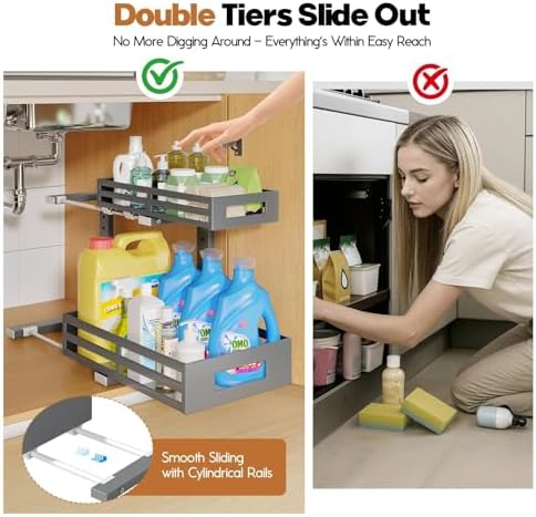 1-Pack Under Sink Organizers and Storage,2-Tier L Shape Pull Out Cabinet Organizer With Round Tube Slide Rails,Hight Adjustable Slide Out Drawers for Kitchen&Bathroom,Multi-Purpose Storage Shelf-Gray