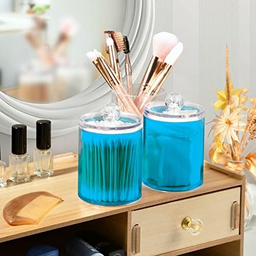 SHJI Sky Blue Qtip Holder Organizer Dispenser Cotton Swabs Cans Plastic Jars with Lid Set 2 Pack Bathroom Storage Canister for Cotton Ball Floss Cotton Pads