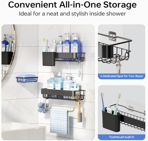 KINGRACK Shower Caddy Adhesive 4-Piece Rust-Resistant Shower Shelves, No-Drill Bathroom Shower Organizer with Large Capacity for Bathroom, Kitchen, and Laundry,Black