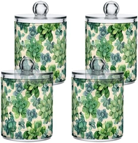 ALAZA 2pcs Flowers Boho Green Qtip Holder Dispenser 14 oz Bathroom Storage Clear Apothecary Jars Containers Cotton Ball,Cotton Rounds,Floss Picks, Hair Clips, Food