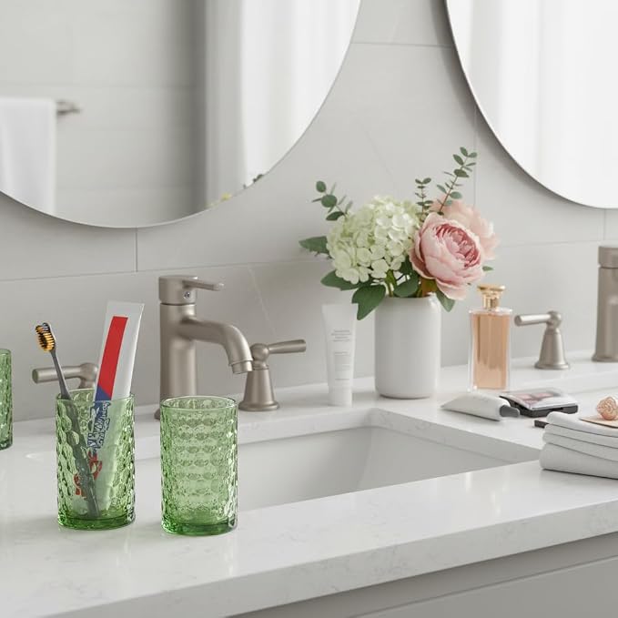 Bathroom Toothbrush Holder Set, 11oz Green Glass Toothbrush Holder and Bathroom Tumbler Cup Set, Decorative Countertop Storage Cups Organizer for Toothpaste, Brushes