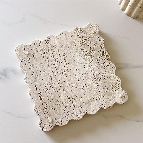 Vintage Natural Marble Tray Small Ornaments Scalloped Tray Handmade Storage Dish for Counter, Vanity, Dresser, Nightstand and Desk (Beige Travertine)