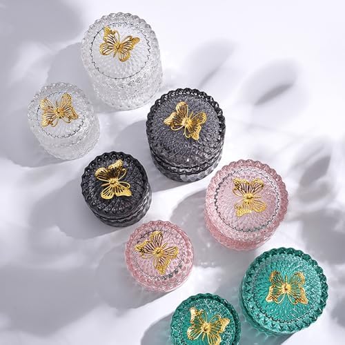 Glass Jewelry Jar with Lid, Cotton Swab Qtips Holder Dispenser Glass Candy Buffet Jar Small Glass Storage Jar Cute Butterfly Lids,Black,Big