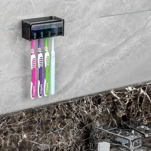 Toothbrush Holder Wall Mounted with Cover for Bathroom, 4 Slots Toothbrush Storage Organizer for Shower, Self Adhesive Toothbrush Hanger Rack for Dorm, Cabinet (Gray Clear)
