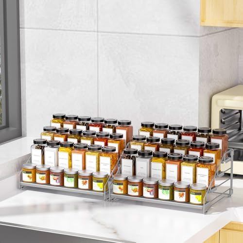 BOIVSHI 4 Tier Spice Rack for Cabinet, Depth Adjustable Spicy Shelf,Gray