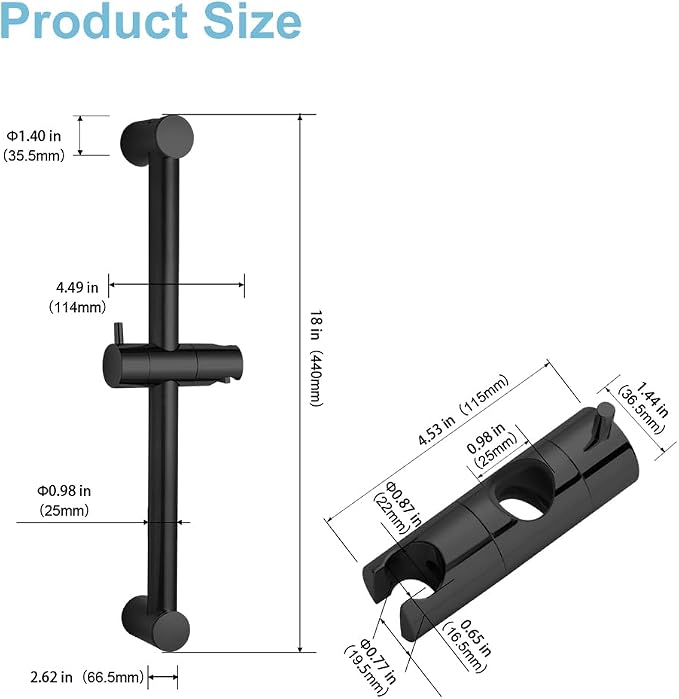 OFFO Shower Slide Bar 18 in Adjustable Installation Distance 12-17 in with 360° Adjustable Handheld Shower Head Holder for Bathroom, Screw Wall Mounted, Matte Black