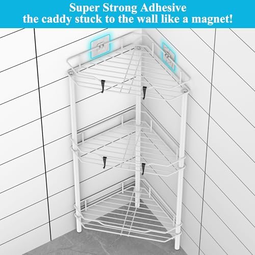 HuggieGems Metal Floor Standing Corner Shower Caddy, White, 3 Tier