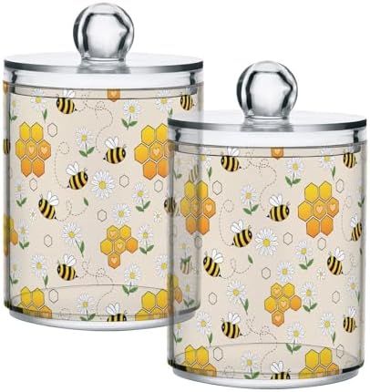 MNSRUU 2 Pack Qtip Holder Organizer Dispenser Cute Bee Bathroom Storage Canister Cotton Ball Holder Bathroom Containers for Cotton Swabs/Pads/Floss