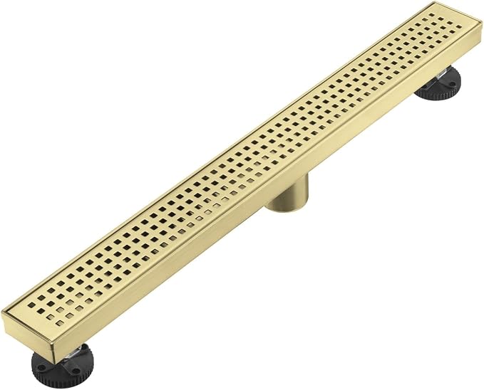 AVSIILE Linear Shower Floor Drain, Brushed Gold 28 Inch 304 Stainless Steel Bathroom Drains Kit, Long Rectangular Shower Trench Drain with Square Pattern Drain Cover & Hair Catcher