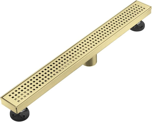 AVSIILE Linear Shower Floor Drain, Brushed Gold 28 Inch 304 Stainless Steel Bathroom Drains Kit, Long Rectangular Shower Trench Drain with Square Pattern Drain Cover & Hair Catcher