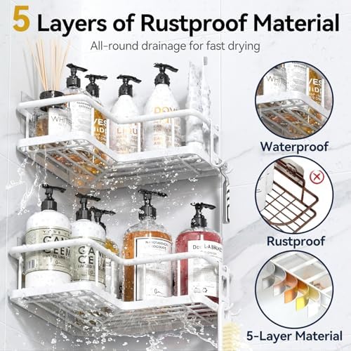 YASONIC Corner Shower Caddy Adhesive, 100% Rustproof Shower Organizer with Soap Holder, No Drill Shower Shelf for Inside Shower, Wall-Mounted Shower Storage for Homes (3 Pack, White)