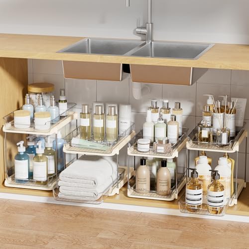 Delamu 2-Tier Multi-Purpose Bathroom Under Sink Organizers and Storage, Stackable Kitchen Pantry Organization, Pull Out Medicine Cabinet Organizer with Movable Dividers, Beige, 4 Pack