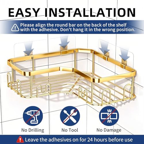 Menbyci 3 Pack Corner Shower Caddy, Adhesive Bathroom Shelves with 18 Hooks, Drill-Free & Quick-Dry Shower Organizer with Large Capacity, Rustproof Stainless Steel Bathroom Corner Storage Rack, Gold