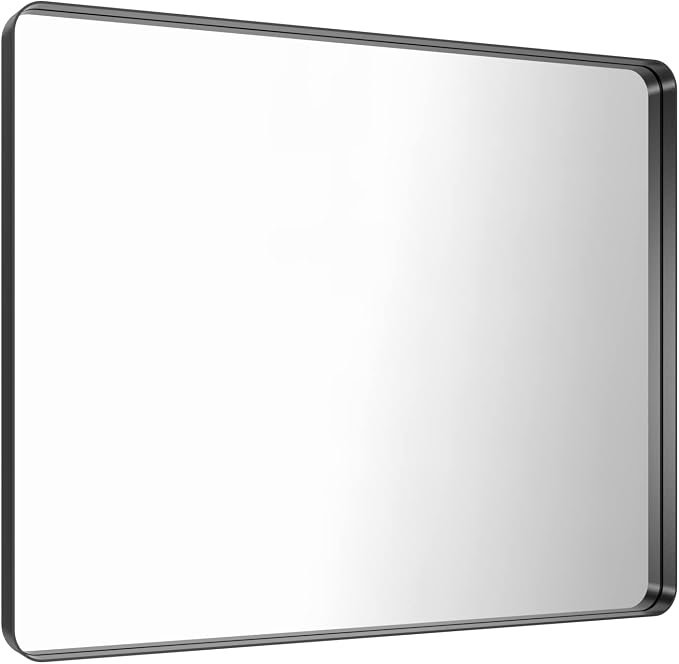 LOAAO 48x36 Inch Black Bathroom Mirror Metal Framed | Matte Black, Rounded Rectangle, Anti-Rust, Tempered Glass, Hangs Horizontally or Vertically