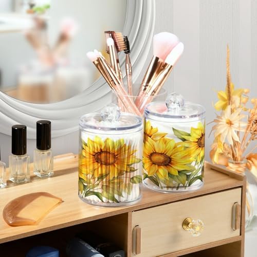 ALAZA 2 Pack Qtip Holder Sunflower Bouquet, Cotton Swab Dispenser with Lid Bathroom Containers Canister Organizer Storage Jar