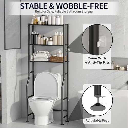 3-Tier Over Toilet Storage, Anti-Tip, 64" H, Black