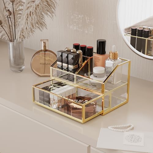 FSyueyun Glass Makeup Organizer with Drawer for Vanity, Clear and Gold