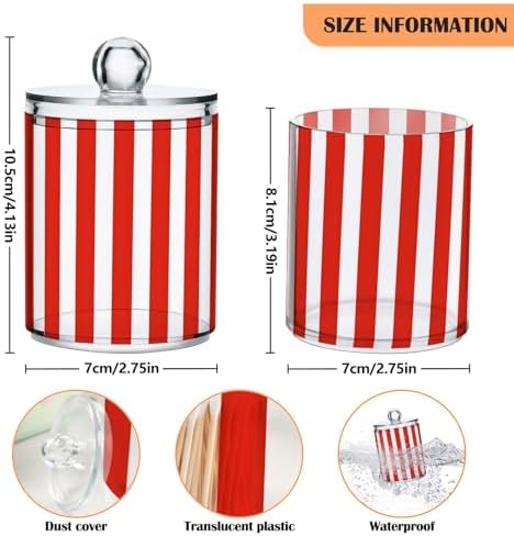 ALAZA Red White Striped 2 Pack Qtip Holder Dispenser for Cotton Swabs, Balls, Pads, Floss 10 oz Plastic Canister Organizer