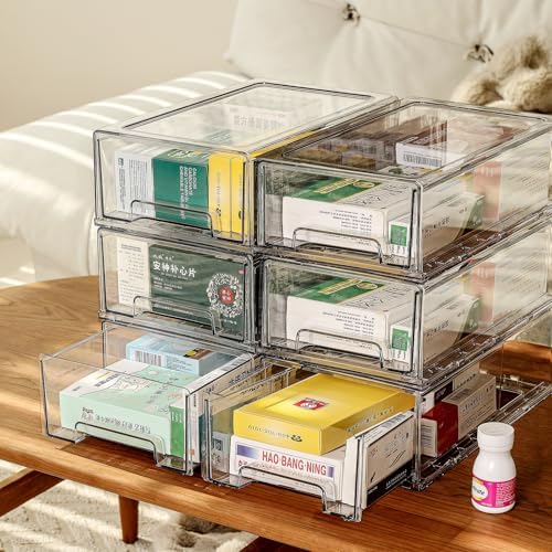 6 Pack Stackable Organizer Drawers, Clear Desk Storage Box,Transparent Drawer in Home, Office and Kitchen Pull Out Organizer Bins for Make Up, Jewelry, Pen, Desktop Stationary (6L drawer)