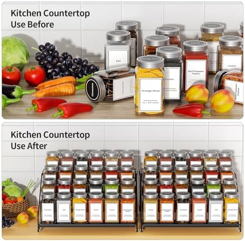 BOIVSHI 4 Tier Spice Rack Organizer, Spice Rack for Cabinet, Adjustable Depth Seasoning Shelf for Countertop, Pantry, Seasoning Organizer, Metal, Black (2 Pack)