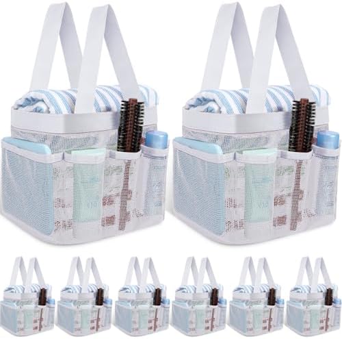 8 Packs Large Mesh Shower Caddy with 8 Pocket and Handle, White