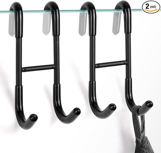 NINETREX Shower Door Hooks,Over Glass Door Hooks for Bathrooms Frameless Glass,Heavy Duty SUS 304 Stainless Steel Hook for Towels,Squeegee,Loofah,Shaver,Robe,2 Pack,Black