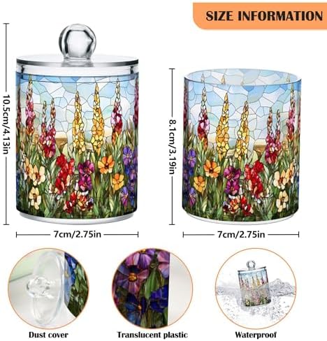 MNSRUU 2 Pack Qtip Holder Organizer Dispenser Art Flowers Bathroom Storage Canister Cotton Ball Holder Bathroom Containers for Cotton Swabs/Pads/Floss