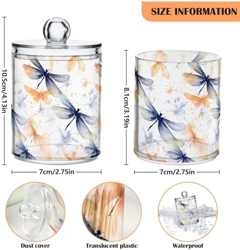 2 Pack Qtip Holder Dispenser with Lids, Watercolor Dragonfly Plastic Storage Containers, Bathroom Canisters Organizer for Cotton Ball, Swab, Round Pads, Floss