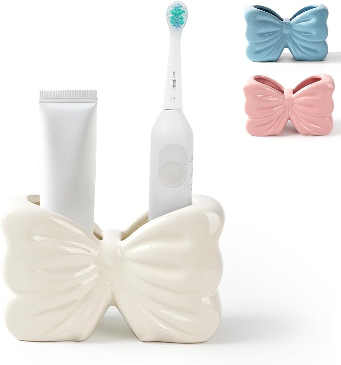 Bow Toothbrush Holder ， 2-Slot Toothbrush and Toothpaste Holder Cute Toothbrush Holder Set, Bathroom Counter Organizer for Bathrooms， Electric Toothbrushes, Floss, Razors - White