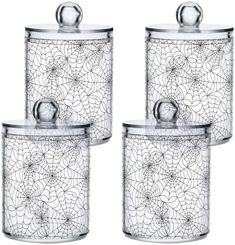Halloween Spider Web 4 Pack Plastic Qtips Holder Bathroom Organizer Canisters for Cotton Balls/Swabs/Pads/Floss,Plastic Apothecary Jars for Vanity