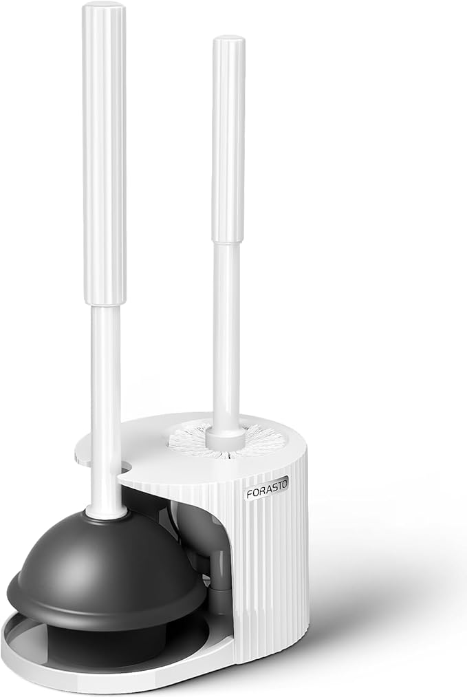 FORASTO 2in1 Toilet Brush & Plunger Set, Bathroom Essentials for Apartment | 21" Extended, Apartment Must Haves, Accessories Decor, Essentials, New Home Storage, Scrubbing Tools, Washing Supplies, White
