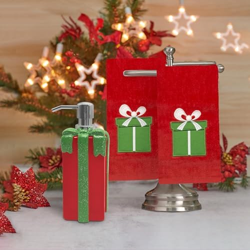 Christmas Resin Soap Pump Dispenser and Hand Towel Gift Set – Holiday Bathroom Décor Featuring Snowman, Penguin & Gift Box Designs – Festive Soap Dispenser with Matching Towels