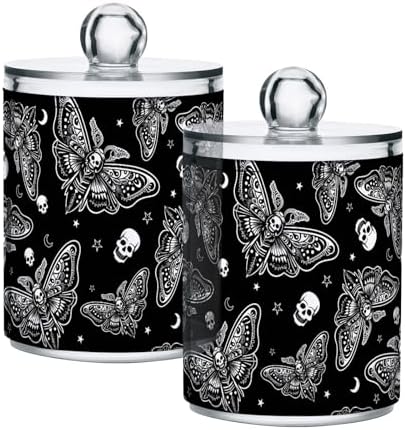 MNSRUU 2 Pack Qtip Holder Organizer Dispenser Moth Skull Moon Esoteric Bathroom Storage Canister Cotton Ball Holder Bathroom Containers for Cotton Swabs/Pads/Floss