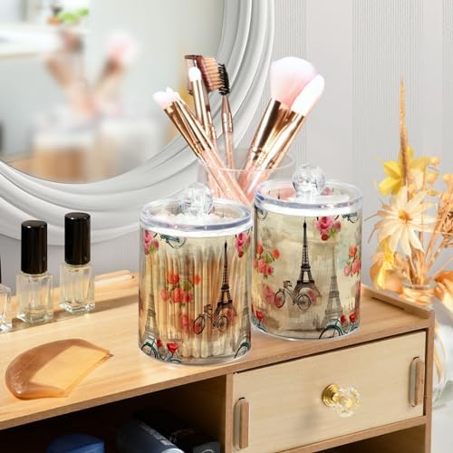 4 Pack Qtip Holder Dispenser with Lids, Eiffel Tower Bicycle Plastic Storage Containers, Bathroom Canisters Organizer for Cotton Swab, Cotton Round Pads, Floss 21215271