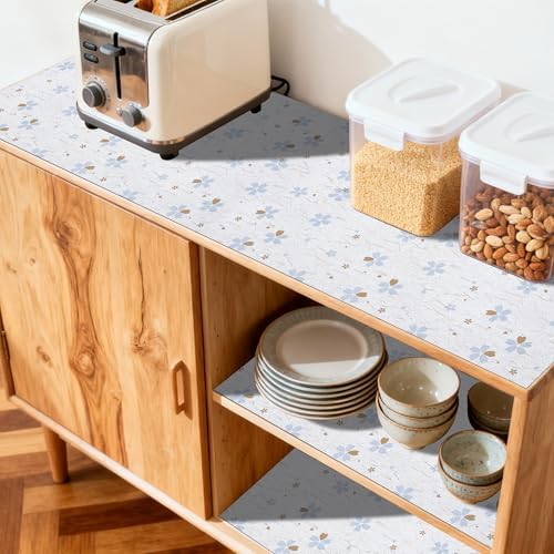 FIFTY FEET 12"x120" Non-Adhesive Shelf Liner for Kitchen Cabinets and Drawers, Washable Non-Slip PVC Cabinet Liner (White Floral)(6 Roll)