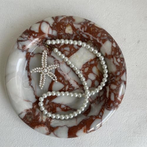 Natural Marble Round Vanity Tray Jewelry Makeup Dish Decorative Tray for Coffee Table,Bathroom,Bedroom (Calacatta Red)