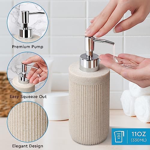 Bathroom Accessory Set 5Pcs- Lotion Soap Dispenser,Toothbrush Holder,Qtip Holder Dispenser,Vanity Tray and Soap Dish-Modern Bathroom Decor Vanity Countertop Organizer,Beige