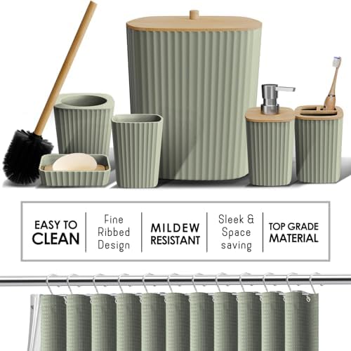 Clara Clark Bathroom Accessories Set - Bathroom Set, Bathroom Accessory Set, Shower Curtain Set, Toilet Brush, Trash Can & Soap Dispenser - Sage Green - 20PC